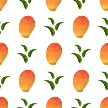 Seamless pattern with fresh bright exotic whole mango and leaves isolated on  イラスト素材