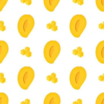 Seamless pattern with fresh bright exotic half and sliced mango isolated on w Stock Illustration