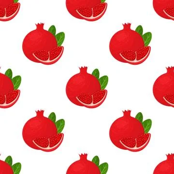 Seamless pattern with fresh bright exotic whole and chunk pomegranate with le Stock Illustration