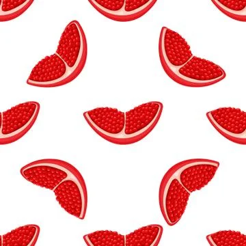 Seamless pattern with fresh bright exotic chunk pomegranate with leaves on wh Stock Illustration