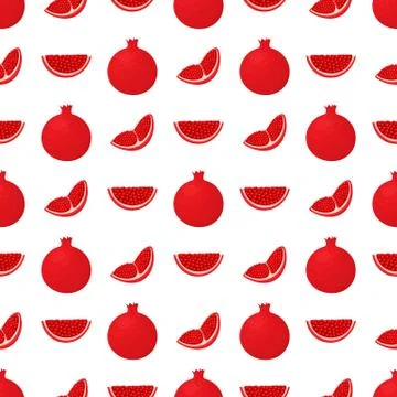 Seamless pattern with fresh bright exotic whole and chunk pomegranate with le Stock Illustration