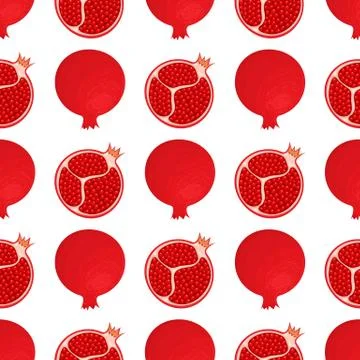 Seamless pattern with fresh bright exotic whole and half pomegranate with lea Stock Illustration