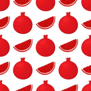 Seamless pattern with fresh bright exotic whole and chunk pomegranate with le Stock Illustration