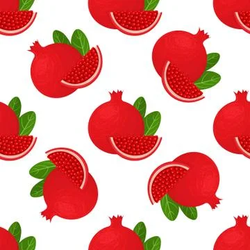 Seamless pattern with fresh bright exotic whole and chunk pomegranate with le Stock Illustration