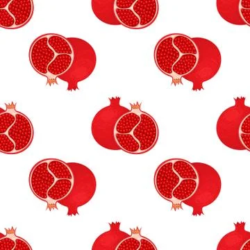 Seamless pattern with fresh bright exotic whole and half pomegranate with lea Illustrazione stock