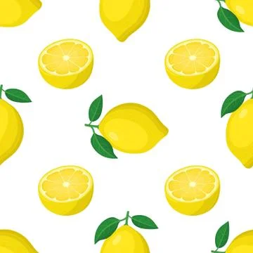 Seamless pattern with fresh bright exotic whole and half lemon fruit on white Stock Illustration