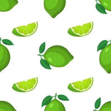 Seamless pattern with fresh bright exotic whole and cut slice lime fruit on w Stock Illustration
