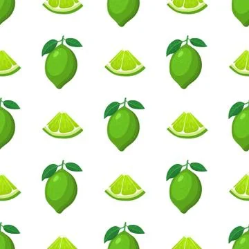 Seamless pattern with fresh bright exotic whole and cut slice lime fruit on w Stock Illustration