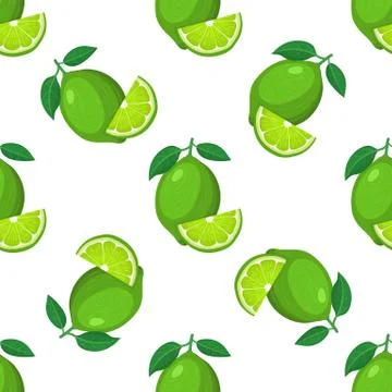 Seamless pattern with fresh bright exotic whole and cut slice lime fruit on w Stock Illustration
