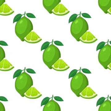 Seamless pattern with fresh bright exotic whole and cut slice lime fruit on w Stock Illustration