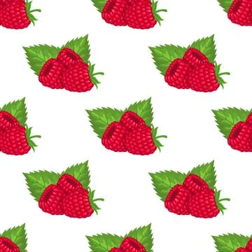 Seamless pattern with fresh bright exotic whole raspberries with leaves on wh Illustrazione stock