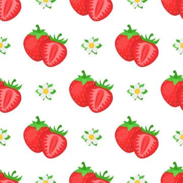 Seamless pattern with fresh bright exotic whole and half strawberries with fl Stock Illustration
