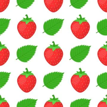 Seamless pattern with fresh bright exotic whole strawberries and leaves on wh Stock Illustration