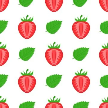 Seamless pattern with fresh bright exotic half strawberries and leaves on whi Stock Illustration