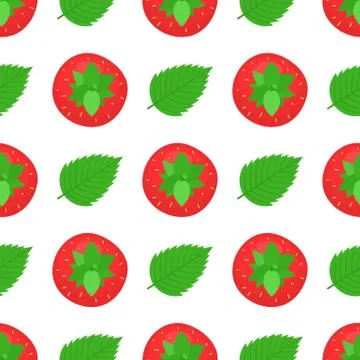 Seamless pattern with fresh bright exotic whole strawberries and leaves on wh Stock Illustration