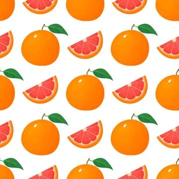 Seamless pattern with fresh bright exotic whole and cut slice grapefruit isol Illustrazione stock