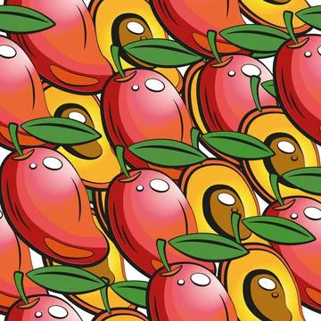 Seamless pattern with fresh bright exotic whole and sliced mango. Stock Illustration