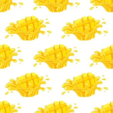 Seamless pattern with fresh bright mango juice splash burst isolated on white Stock Illustration