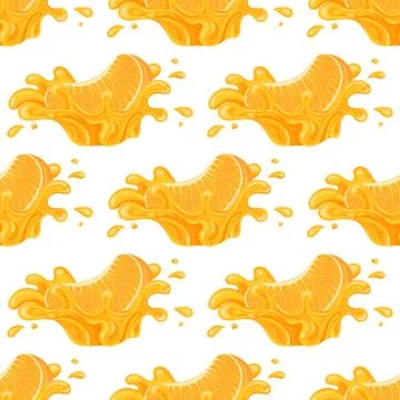 Seamless pattern with fresh bright orange, mandarin or tagerine juice splash  Illustrazione stock
