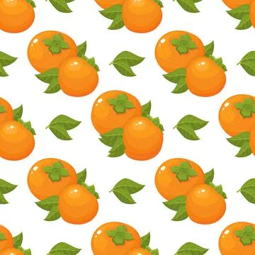 Seamless pattern with fresh bright persimmon fruit and leaves isolated on whi Stock Illustration