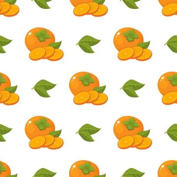 Seamless pattern with fresh bright persimmon fruit and leaves isolated on whi Stock Illustration
