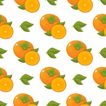 Seamless pattern with fresh bright persimmon fruit and leaves isolated on whi Stock Illustration