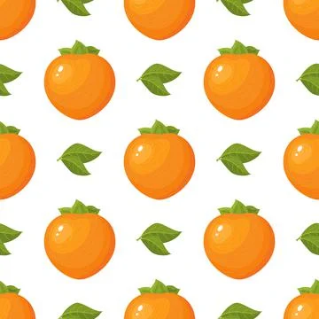 Seamless pattern with fresh bright persimmon fruit and leaves isolated on whi Illustrazione stock
