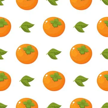 Seamless pattern with fresh bright persimmon fruit and leaves isolated on whi Stock Illustration