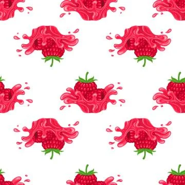 Seamless pattern with fresh bright raspberry juice splash burst isolated on w Stock Illustration