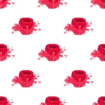 Seamless pattern with fresh bright raspberry juice splash burst isolated on w Stock Illustration
