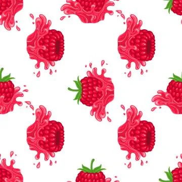 Seamless pattern with fresh bright raspberry juice splash burst isolated on w Illustrazione stock