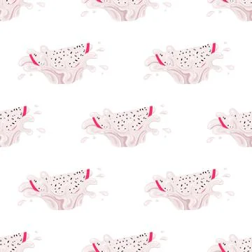 Seamless pattern with fresh bright red pitaya juice splash burst isolated on  Illustrazione stock