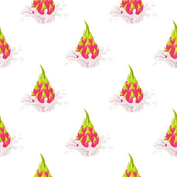 Seamless pattern with fresh bright red whole pitaya juice splash burst isolat イラスト素材