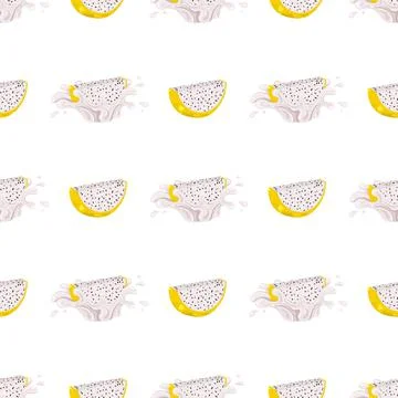 Seamless pattern with fresh bright yellow pitaya juice splash burst isolated  Stock Illustration