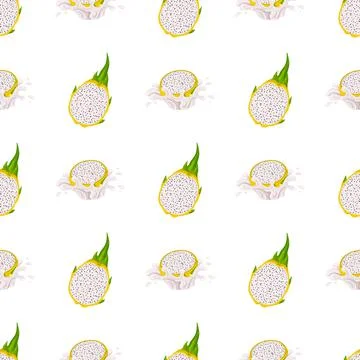 Seamless pattern with fresh bright yellow pitaya juice splash burst isolated  Illustrazione stock