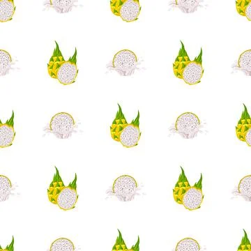 Seamless pattern with fresh bright yellow pitaya juice splash burst isolated  Stock Illustration