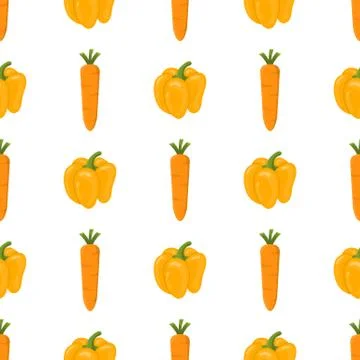 Seamless pattern with fresh carrot and bell pepper vegetables. Vector. 스톡 일러스트