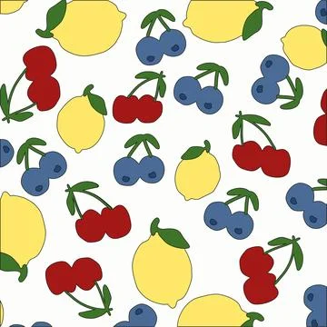 Seamless pattern of fresh cherries, lemons and blueberries Stock Illustration