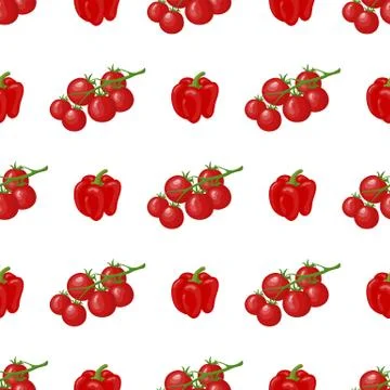 Seamless pattern with fresh cherry tomato and bell pepper vegetables. Vector. Stock Illustration