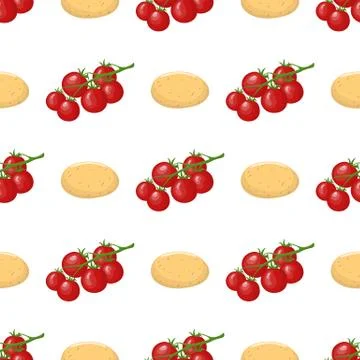 Seamless pattern with fresh cherry tomato and potato vegetables. Vector. Ilustração Stock