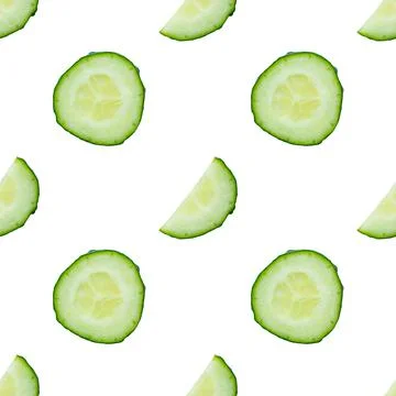 Seamless pattern of fresh cucumber peaces isolated on white background. Top view Stock Photos