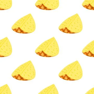 Seamless pattern with fresh cut slice pineapple fruit on white background. Su Stock Illustration