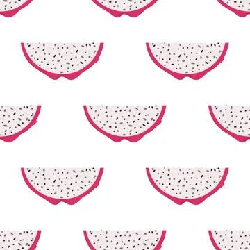 Seamless pattern with fresh cut slice red pitaya fruits isolated on white bac Stock Illustration