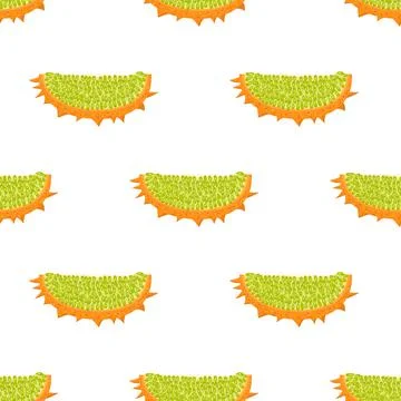 Seamless pattern with fresh cut slice yellow kiwano fruit isolated on white b Stock Illustration
