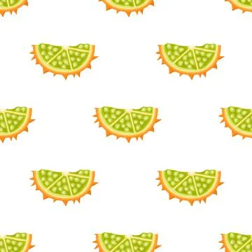 Seamless pattern with fresh cut slice yellow kiwano fruit isolated on white b Stock Illustration