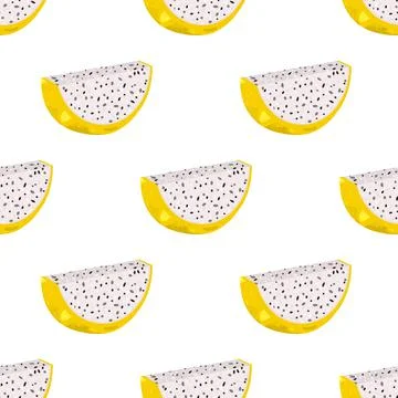 Seamless pattern with fresh cut slices yellow pitaya fruits isolated on white Stock Illustration