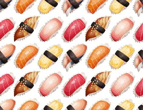 Seamless pattern of fresh delicious nigiri sushi. Illustrazione stock