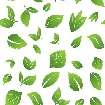 Seamless pattern of fresh different juicy green leaves on a white background Illustrazione stock