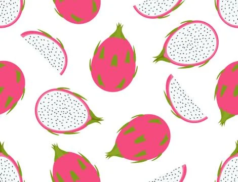Seamless pattern of fresh dragon fruit set on white background - vector illustra Stock Illustration