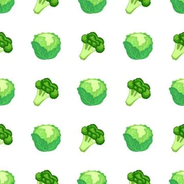 Seamless pattern with fresh green cabbage and broccoli. Vector illustration. Illustrazione stock